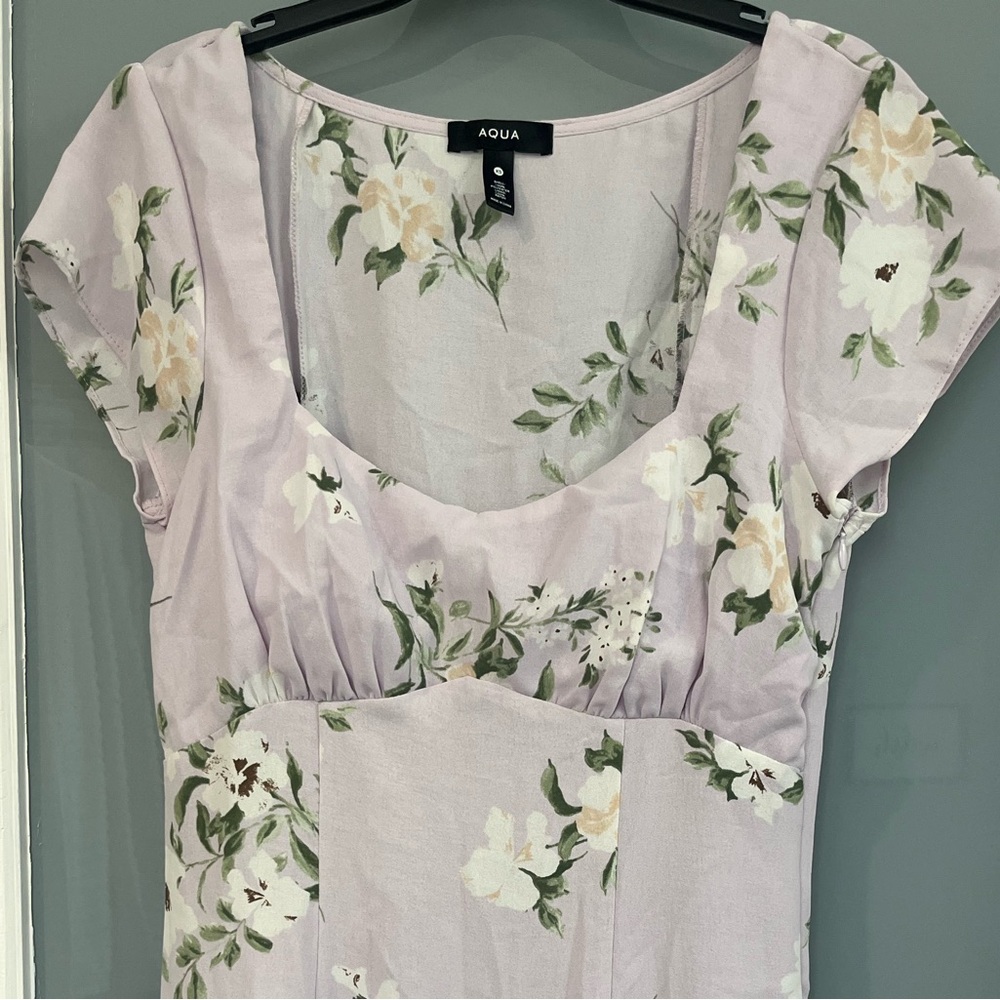 Aqua Lavender Drop Waist Floral Dress with White and Green Accents
